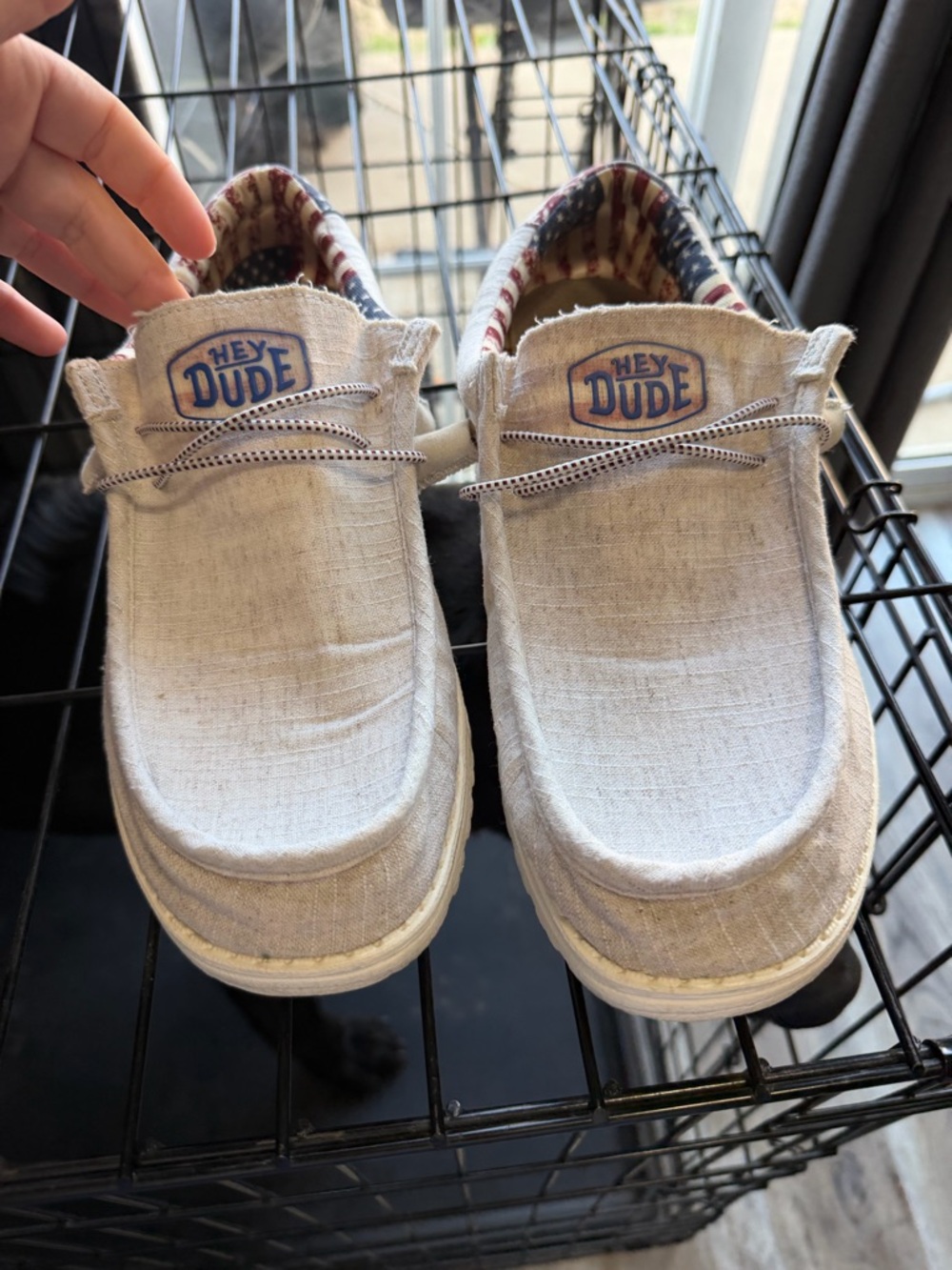 Hey Dude Light Tan Canvas Slip-On Shoes with Blue Logo